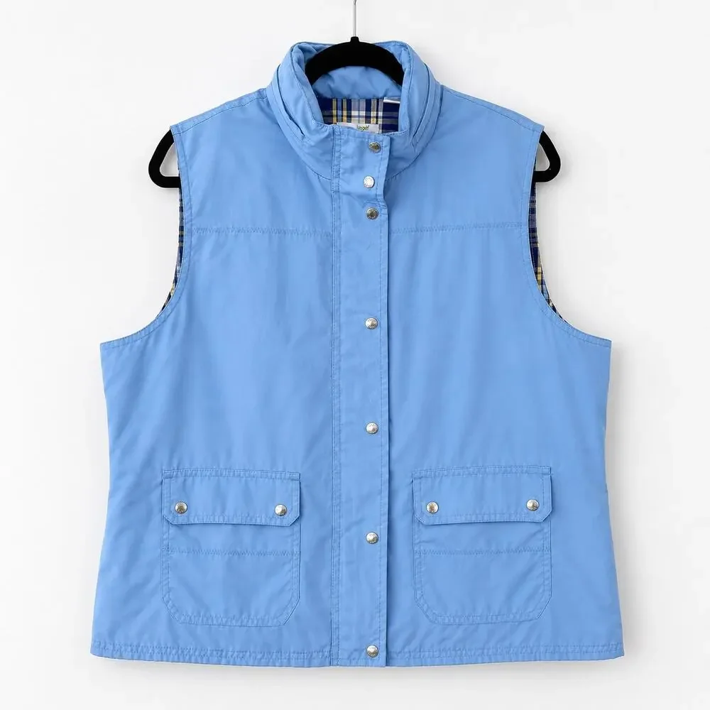 Liz Golf Vest XL Periwinkle Blue Hidden Hood Plaid Lined Snap Zip Golf Vest - Picture 1 of 9